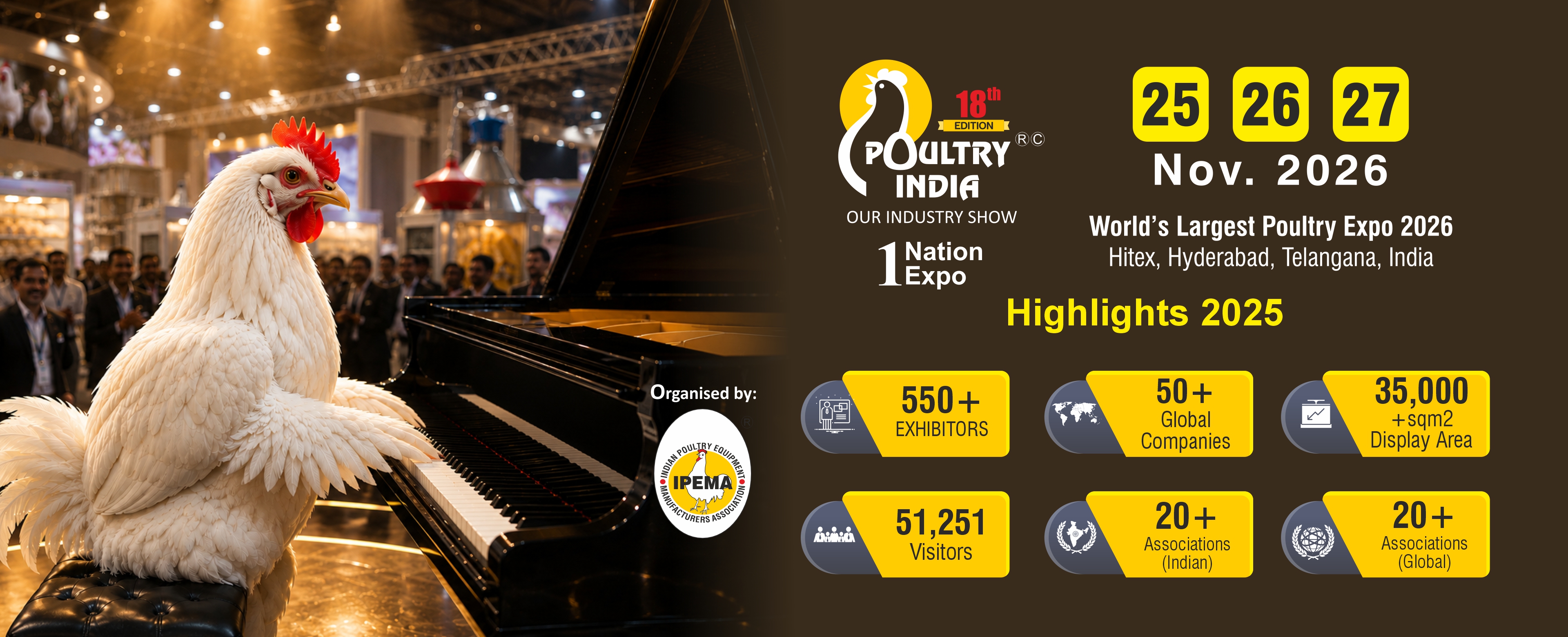 18th Poultry India Expo 2026 — Highlights 2025: 550+ exhibitors, 51,251 visitors, 35,000+ sqm display area