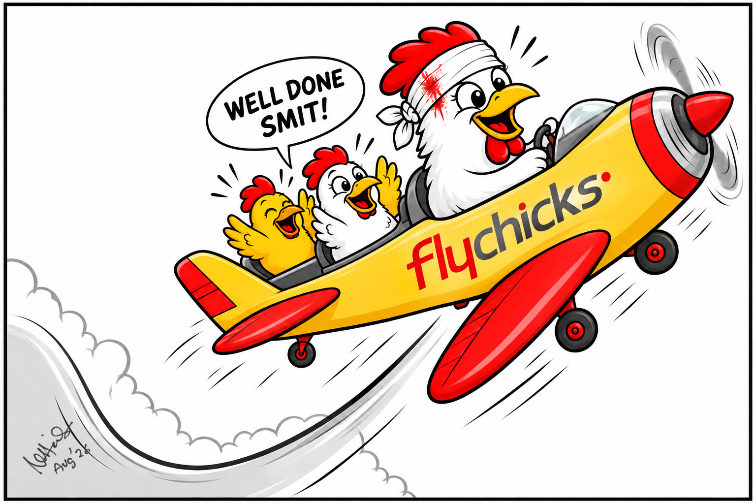 September 2026 Poultry Pun — chickens flying a Flychicks plane: Well done Smit!