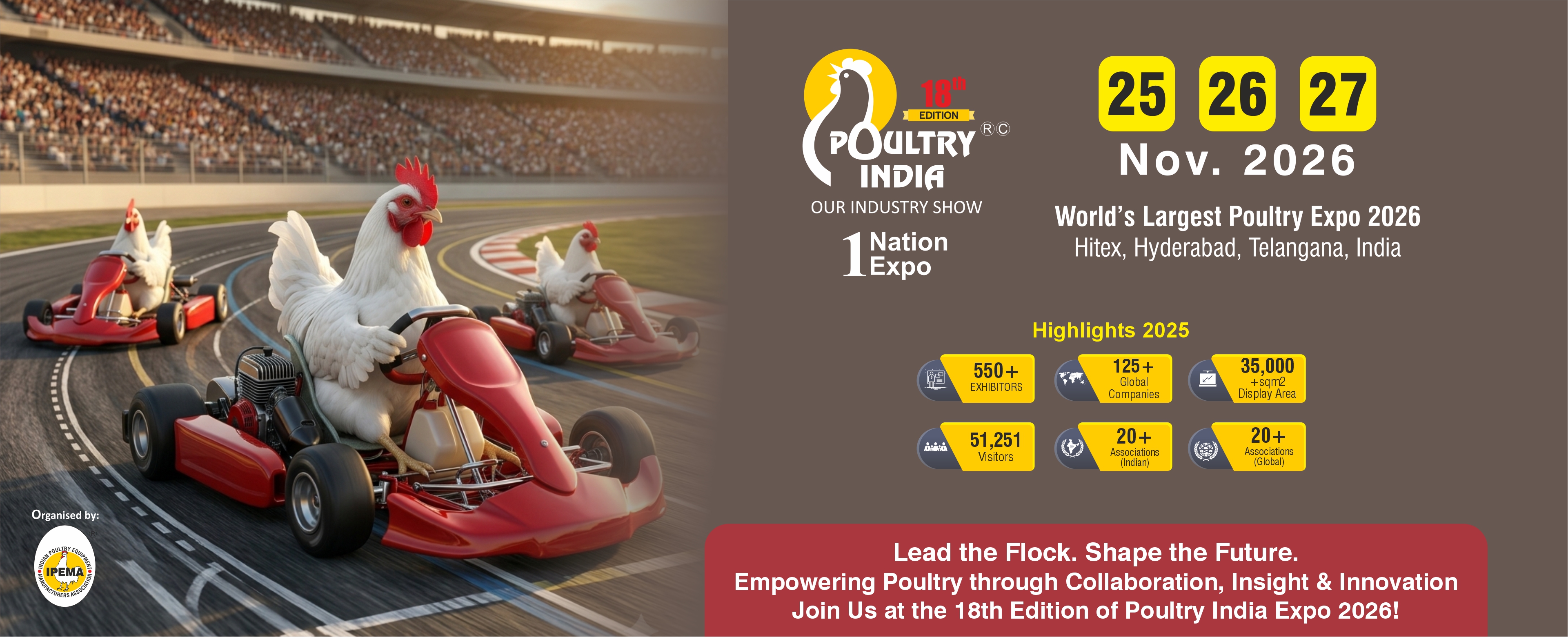 Lead the Flock. Shape the Future. — 18th Poultry India Expo 2026, 25–27 November at HITEX, Hyderabad; Highlights 2025: 550+ exhibitors, 51,251 visitors, 35,000+ sqm display area